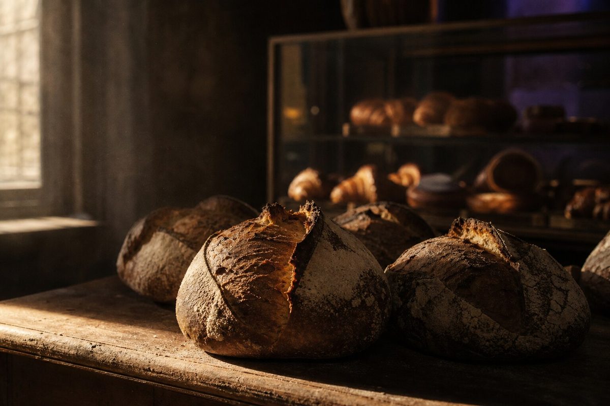 Dark-crusted sourdough loaves resting on a worn timber counter in low morning light.