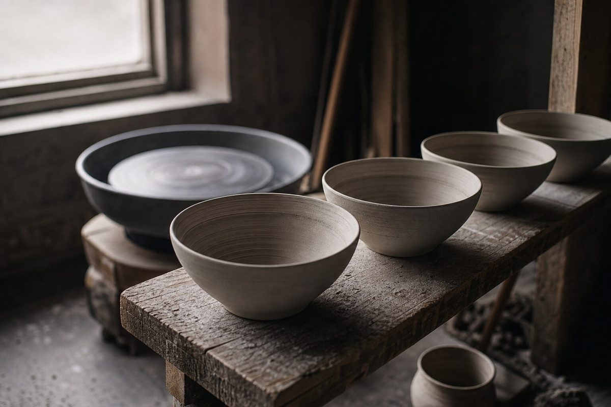 Unglazed stoneware bowls drying on a raw timber shelf beside a potter's wheel in north light.