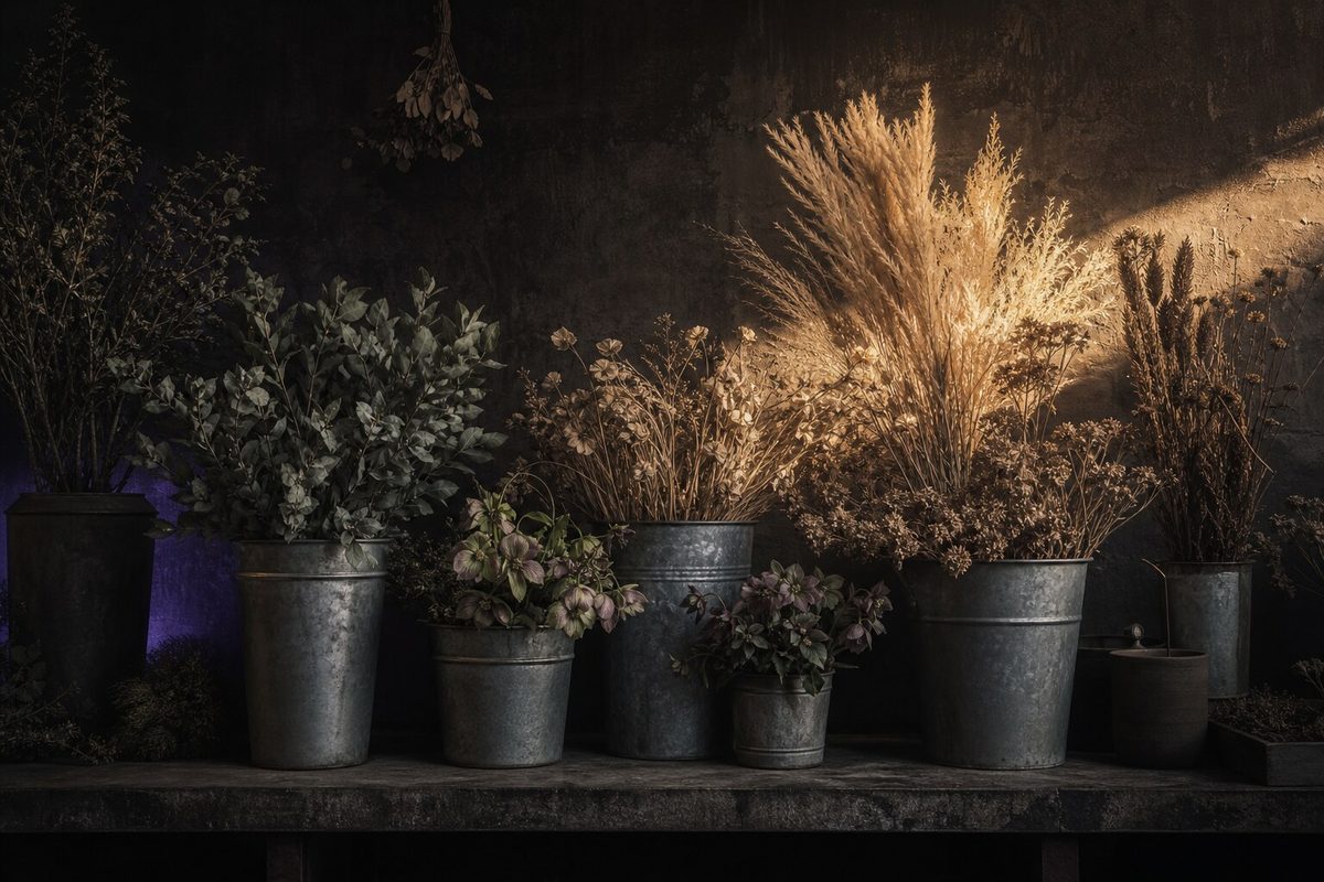 Galvanised buckets of dried grasses and muted seasonal stems along a dark plaster wall.