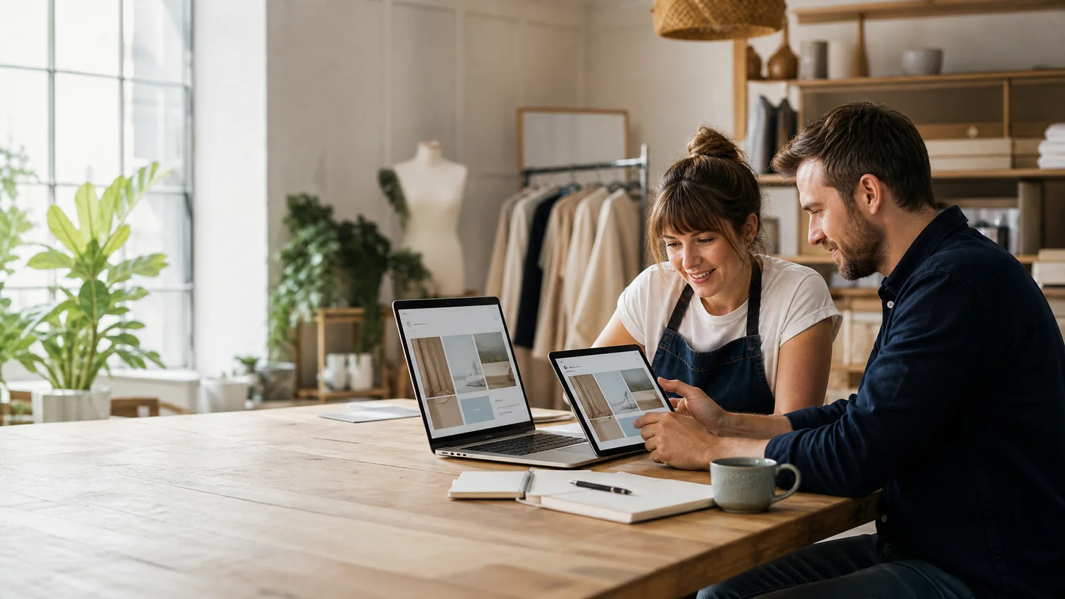 Business owner reviewing a website preview with a consultant