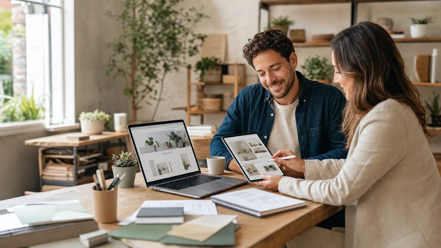 Business owner reviewing a website preview with a consultant